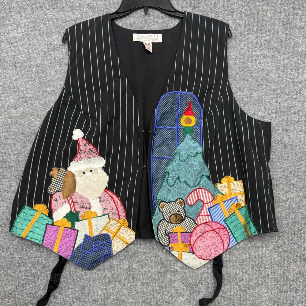 Karen Scott II Christmas Vest 1X Black Pinstripe Santa Tree Applique 100% Cotton